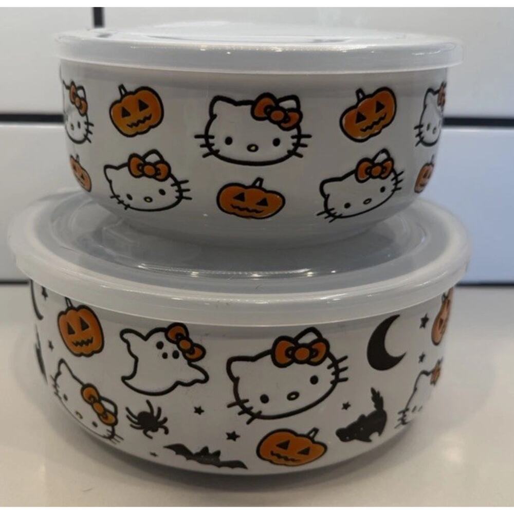 2024 Sanrio Hello Kitty Halloween Ceramic Food Storage Lot Of 2 Bowls Set NEW!